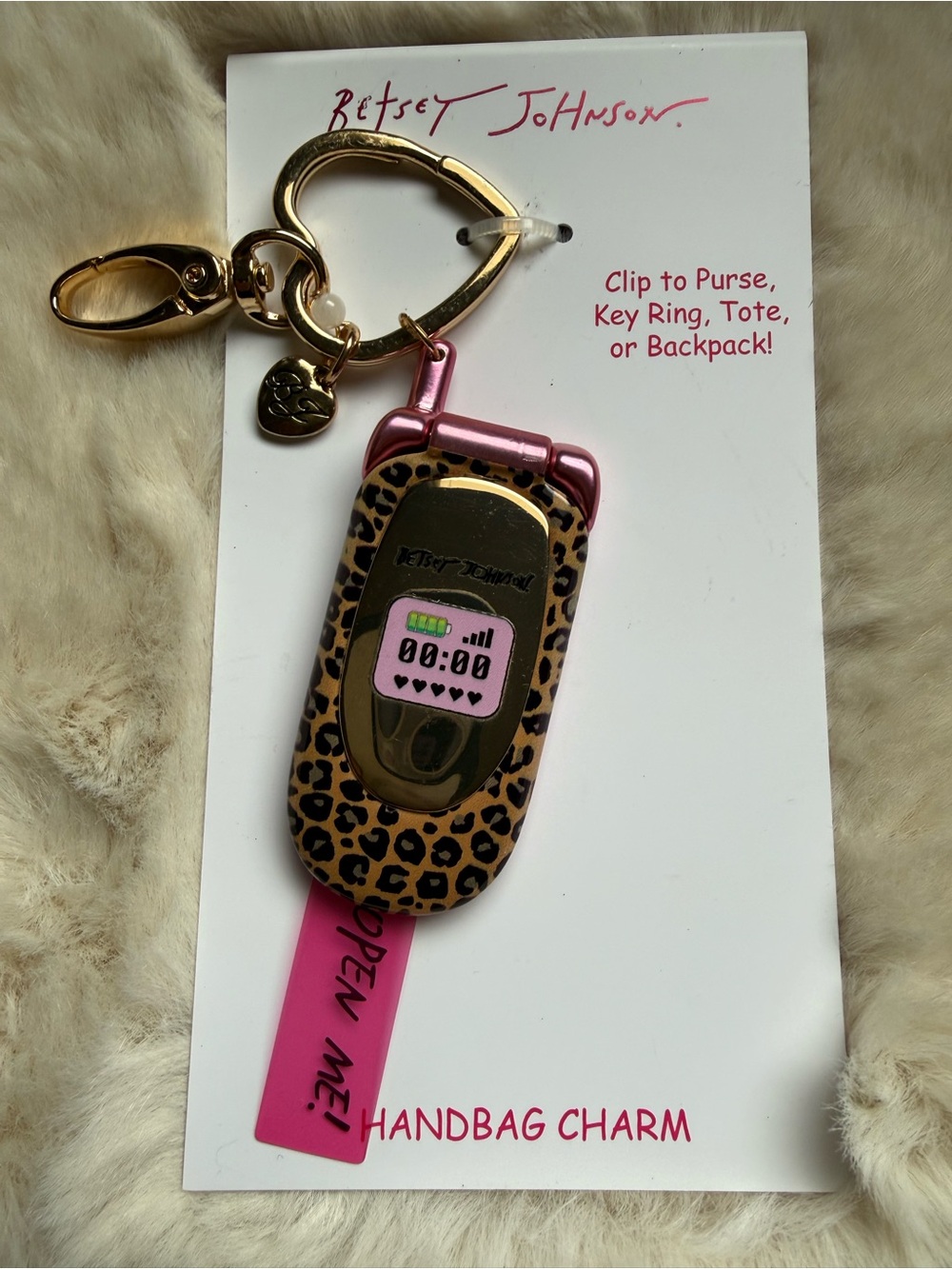Betsey Johnson New Pink & Leopard Handbag Flip Phone Charm Keychain